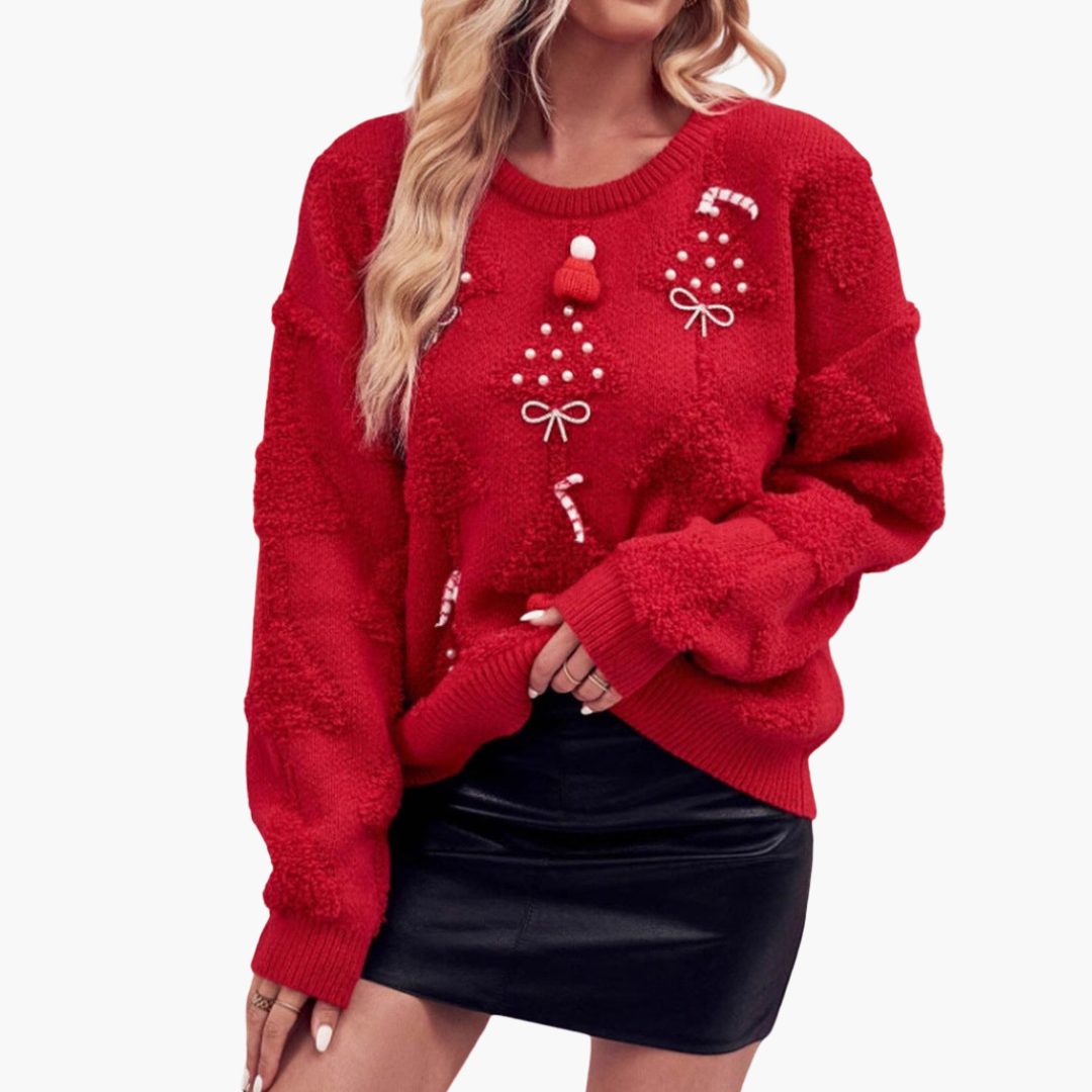 Elarova | Damen Weihnachtspullover mit 3D Tannenbaum und gestickten Motiven