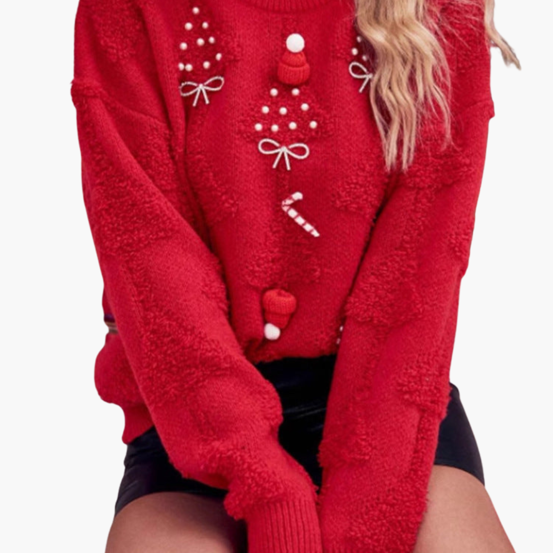 Elarova | Damen Weihnachtspullover mit 3D Tannenbaum und gestickten Motiven