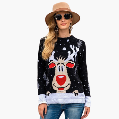 Elarova | Damen Weihnachtspullover mit Rentier und Schneeflockenmuster