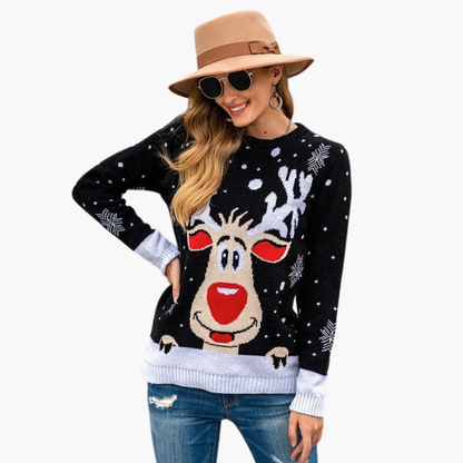 Elarova | Damen Weihnachtspullover mit Rentier und Schneeflockenmuster