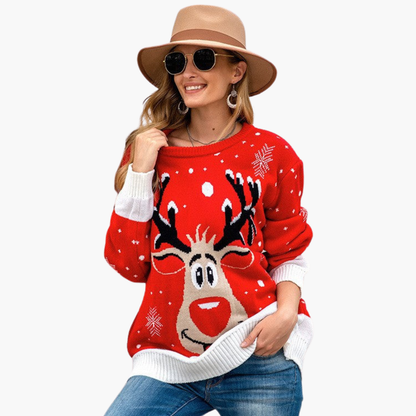 Elarova | Damen Weihnachtspullover mit Rentier und Schneeflockenmuster