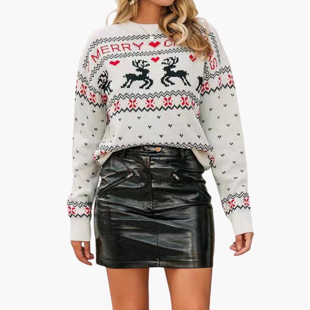 Elarova | Damen Weihnachtspullover mit Rentier und Schneeflockenmuster