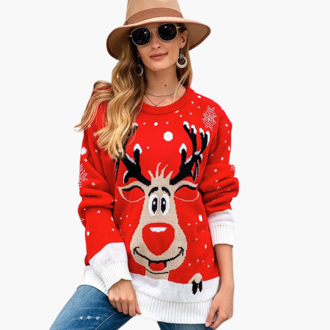 Elarova | Damen Weihnachtspullover mit Rentier und Schneeflockenmuster