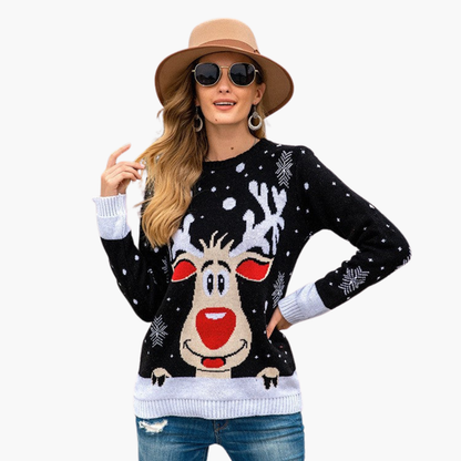 Elarova | Damen Weihnachtspullover mit Rentier und Schneeflockenmuster