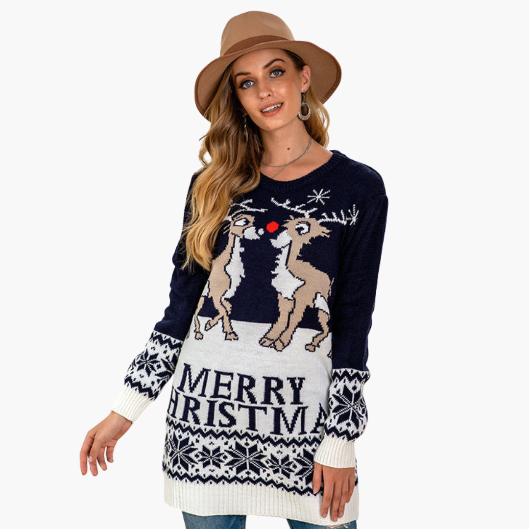 Elarova | Damen Weihnachtspullover mit Rentier und Schneeflockenmuster