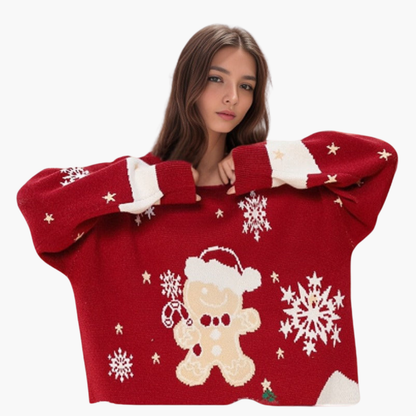 Elarova | Damen Weihnachtspullover mit Schneemann und Tannenbaum Motiv