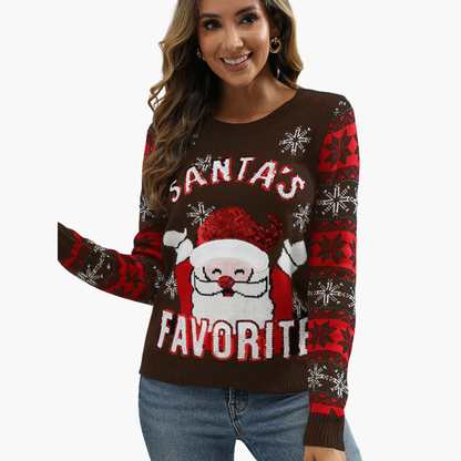 Elarova | Damen Weihnachtspullover mit Schneemann und Tannenbaum-Motiv