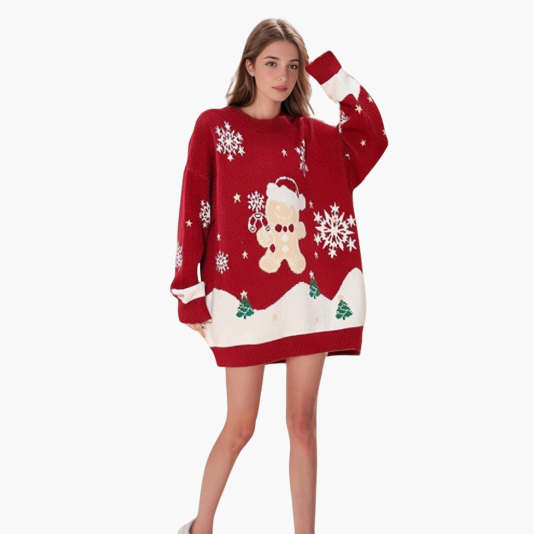 Elarova | Damen Weihnachtspullover mit Schneemann und Tannenbaum Motiv