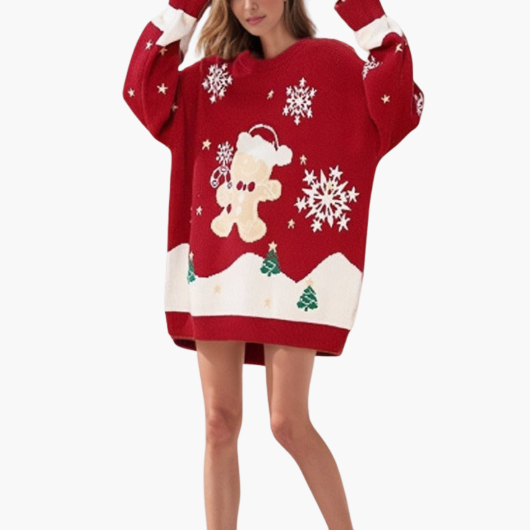 Elarova | Damen Weihnachtspullover mit Schneemann und Tannenbaum Motiv