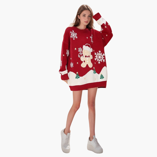 Elarova | Damen Weihnachtspullover mit Schneemann und Tannenbaum Motiv