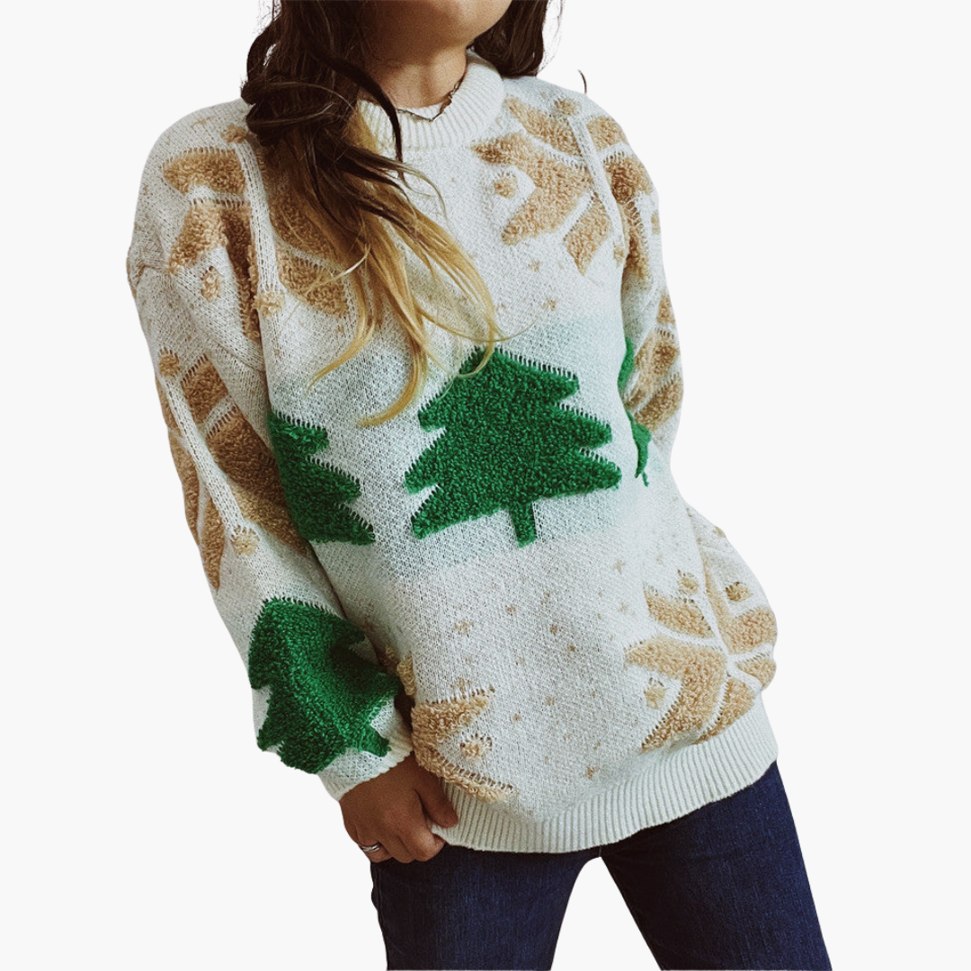 Elarova | Damen Weihnachtspullover mit Tannenbaum- und Schneeflockenmotiv