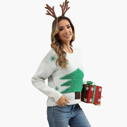 Elarova | Damen Weihnachtspullover mit Tannenbaum und Schneeflockenmotiv