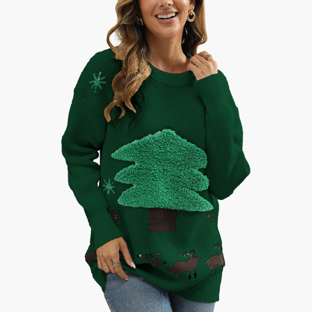 Elarova | Damen Weihnachtspullover mit Tannenbaum und Schneeflockenmotiv