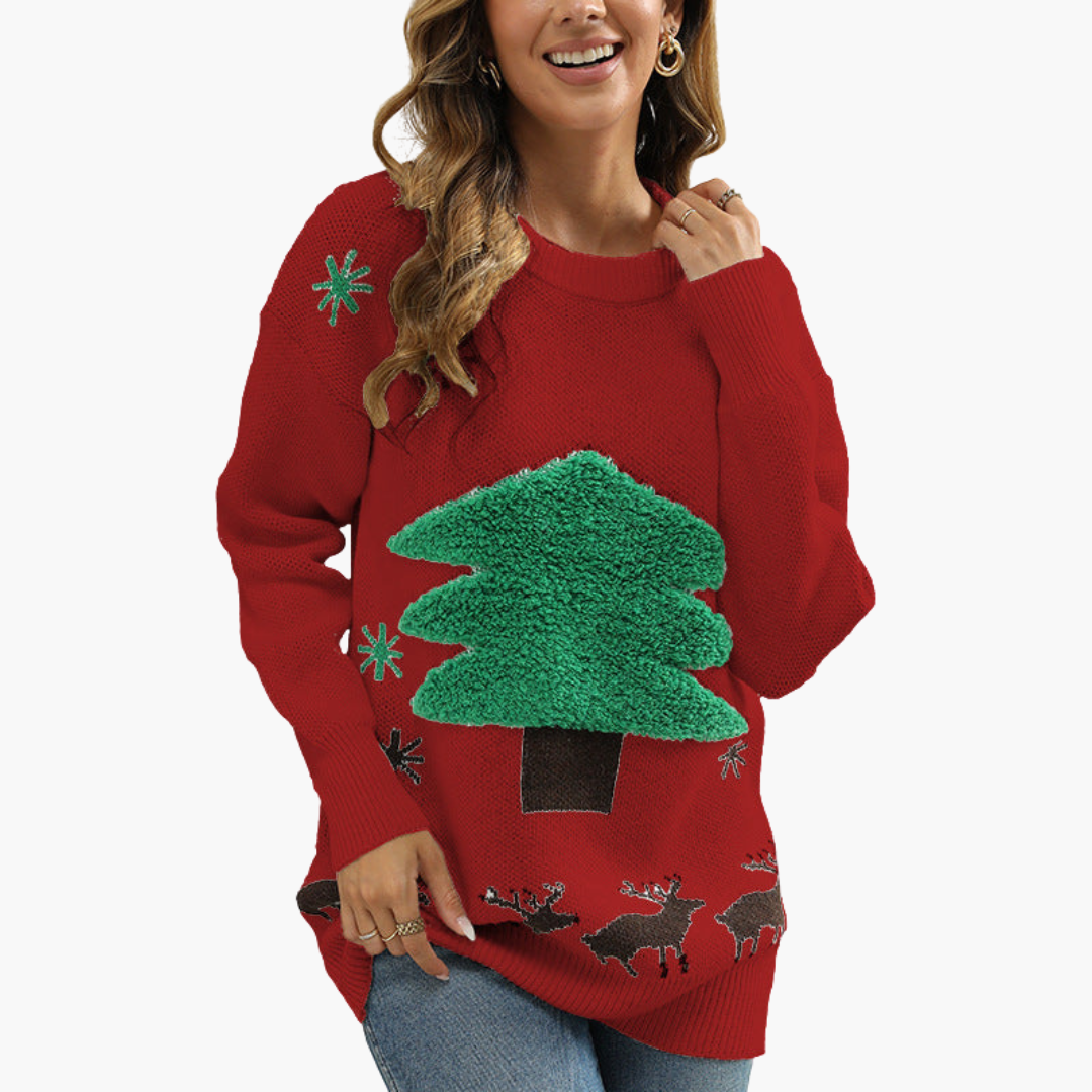 Elarova | Damen Weihnachtspullover mit Tannenbaum und Schneeflockenmotiv