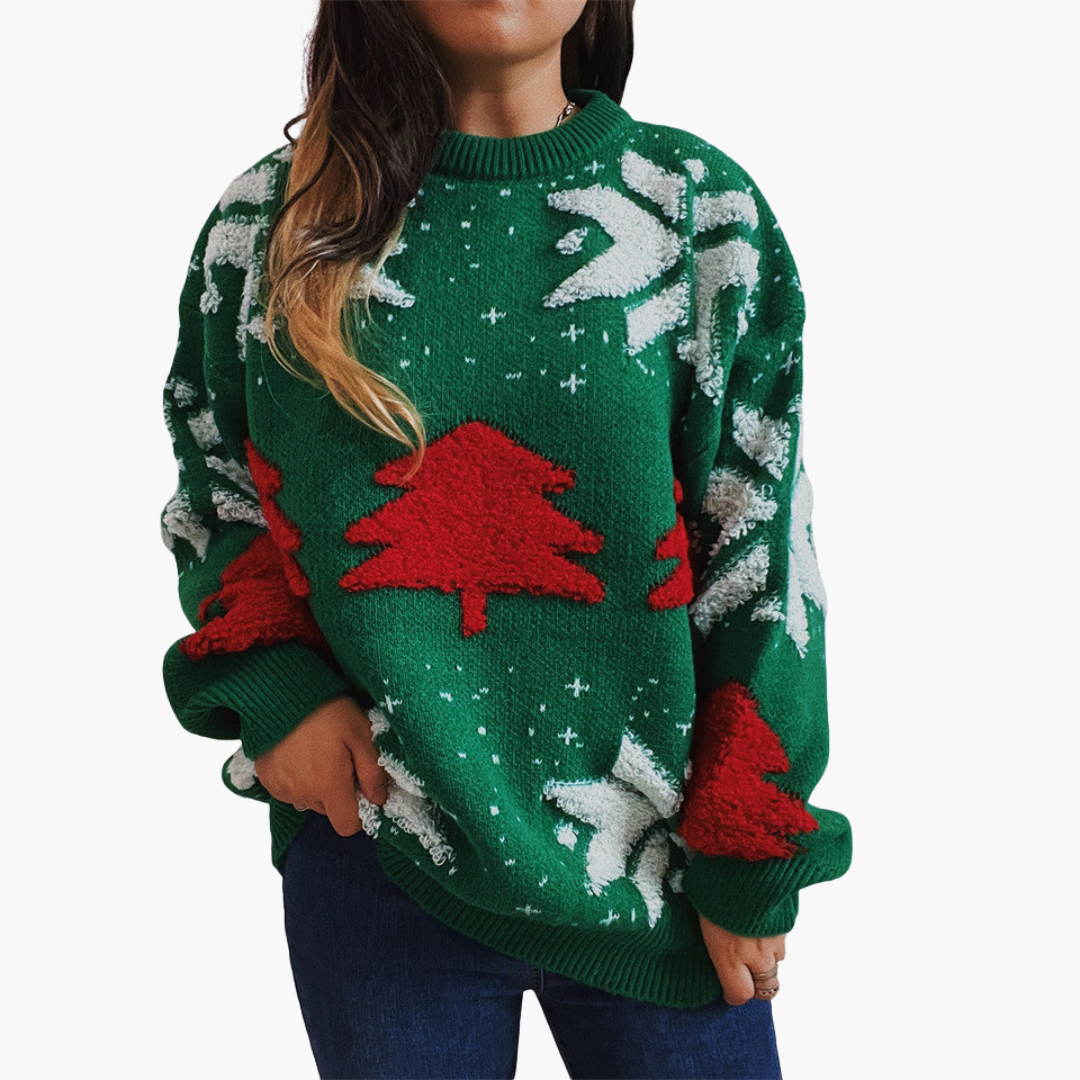 Elarova | Damen Weihnachtspullover mit Tannenbaum- und Schneeflockenmotiv