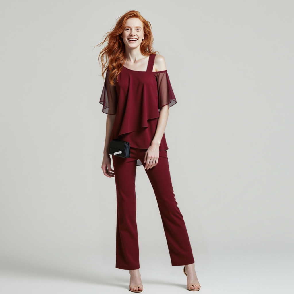 Elarova | Damen Zweiteiler Satz| Eleganter Jumpsuit mit Cold Shoulder Bluse