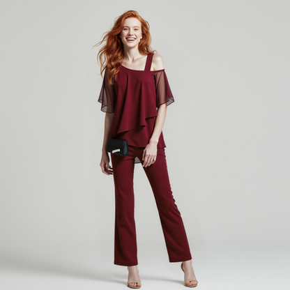 Elarova | Damen Zweiteiler Satz| Eleganter Jumpsuit mit Cold Shoulder Bluse