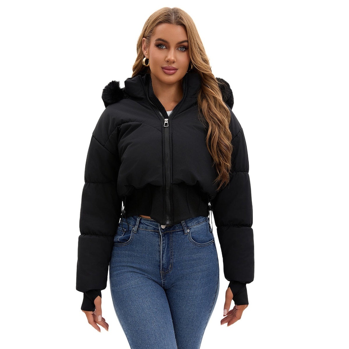 Elarova | Damen cropped Daunenjacke mit abnehmbarer Kapuze und Kunstfellbesatz