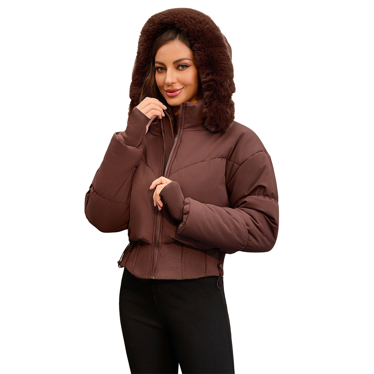 Elarova | Damen cropped Daunenjacke mit abnehmbarer Kapuze und Kunstfellbesatz