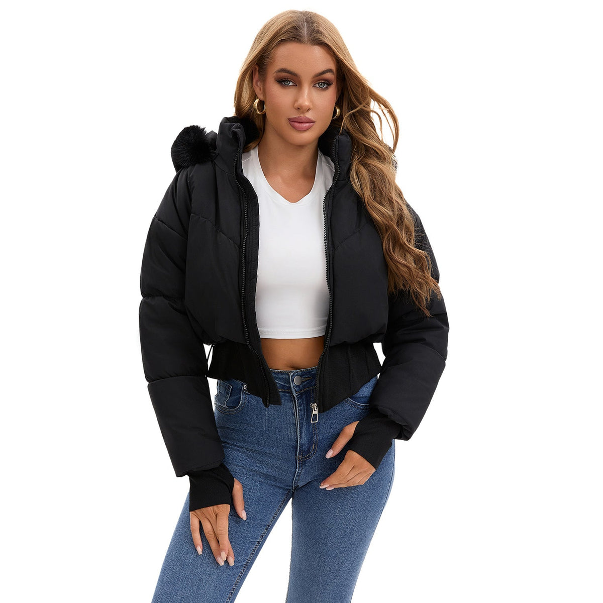 Elarova | Damen cropped Daunenjacke mit abnehmbarer Kapuze und Kunstfellbesatz