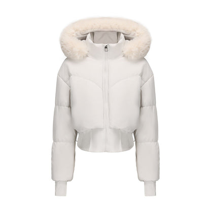 Elarova | Damen cropped Daunenjacke mit abnehmbarer Kapuze und Kunstfellbesatz