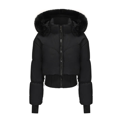 Elarova | Damen cropped Daunenjacke mit abnehmbarer Kapuze und Kunstfellbesatz