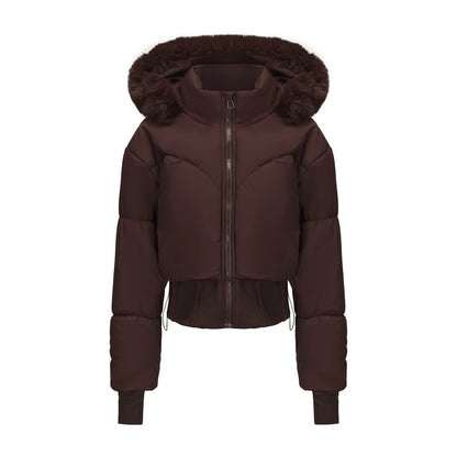 Elarova | Damen cropped Daunenjacke mit abnehmbarer Kapuze und Kunstfellbesatz