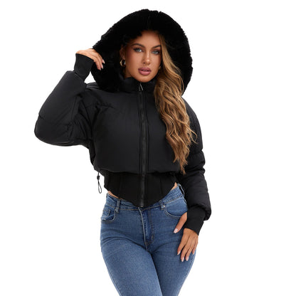 Elarova | Damen cropped Daunenjacke mit abnehmbarer Kapuze und Kunstfellbesatz