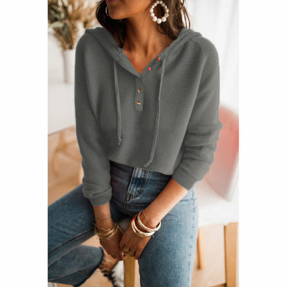 Elarova | Damen cropped Kapuzenpullover mit strukturiertem Stoff und dekorativen Knöpfen