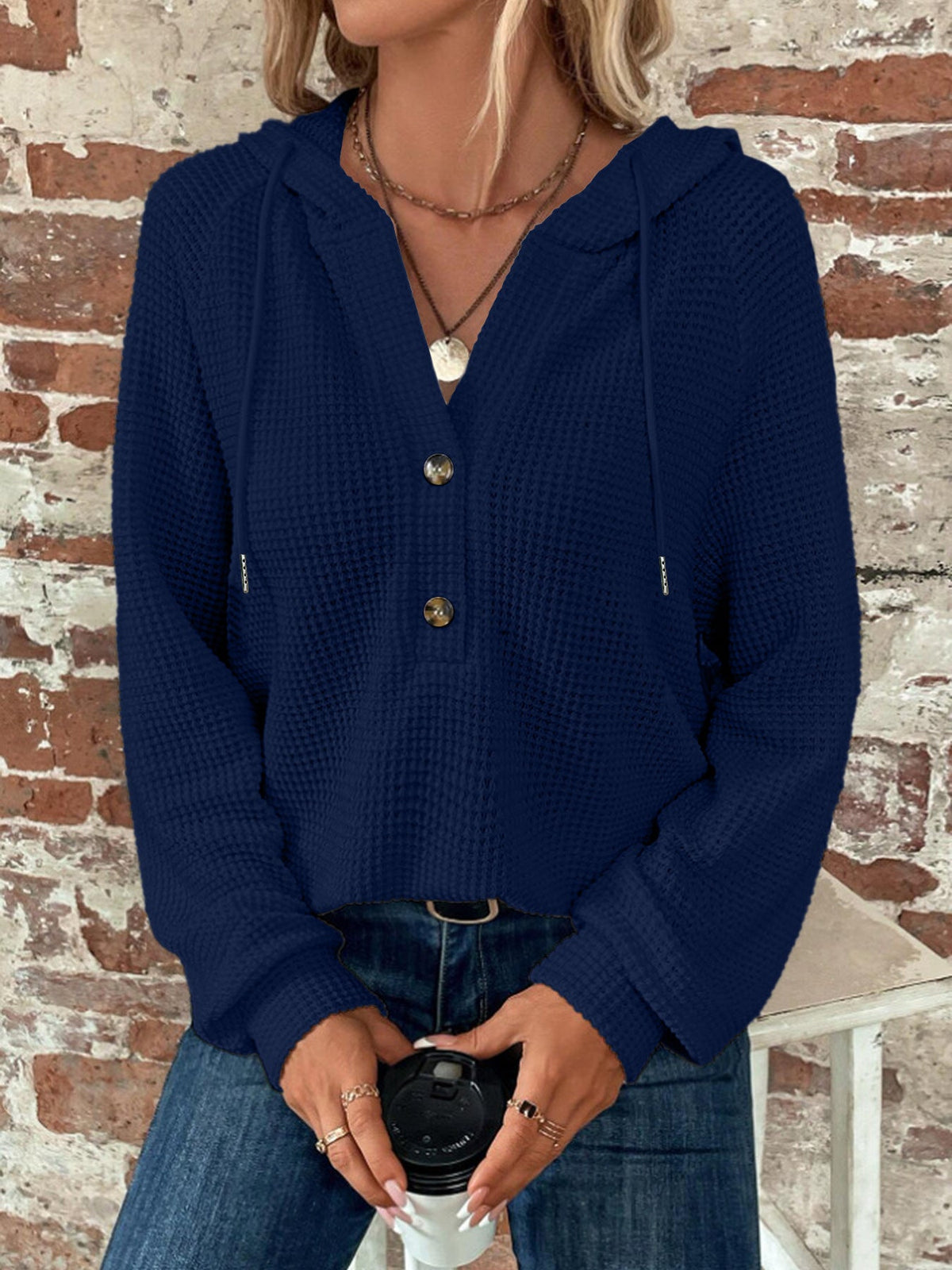 Elarova | Damen cropped Kapuzenpullover mit strukturiertem Stoff und dekorativen Knöpfen