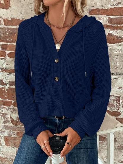 Elarova | Damen cropped Kapuzenpullover mit strukturiertem Stoff und dekorativen Knöpfen