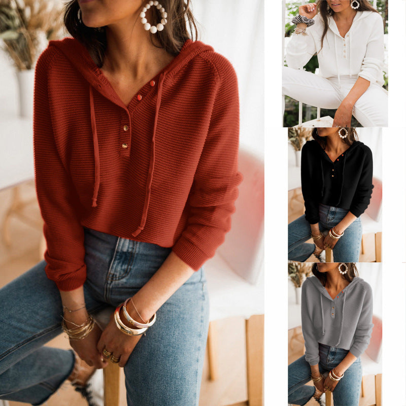 Elarova | Damen cropped Kapuzenpullover mit strukturiertem Stoff und dekorativen Knöpfen