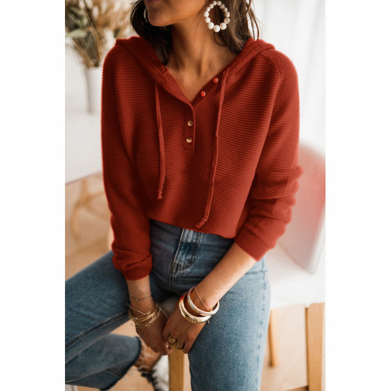 Elarova | Damen cropped Kapuzenpullover mit strukturiertem Stoff und dekorativen Knöpfen