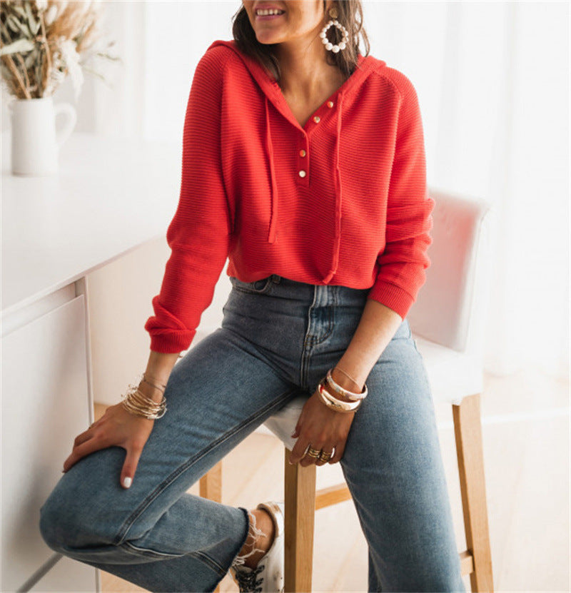 Elarova | Damen cropped Kapuzenpullover mit strukturiertem Stoff und dekorativen Knöpfen