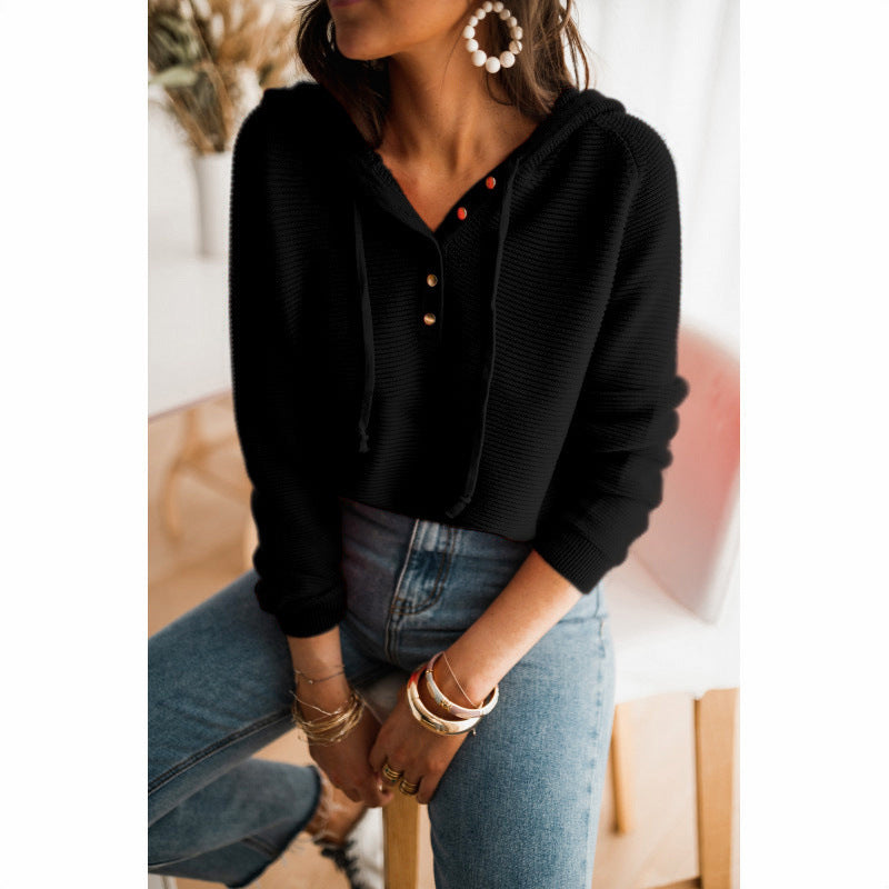 Elarova | Damen cropped Kapuzenpullover mit strukturiertem Stoff und dekorativen Knöpfen
