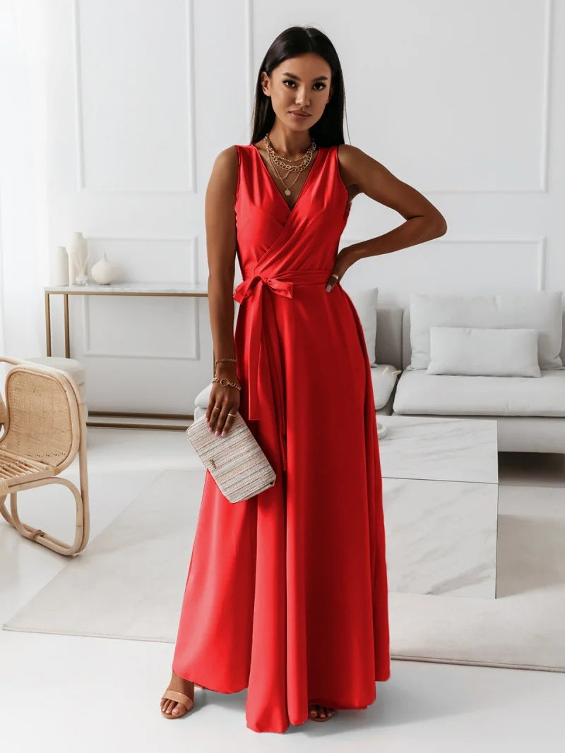 Elarova | Damen einfarbig V-Ausschnitt Langes Kleid