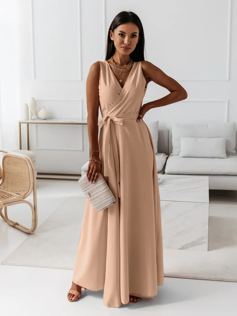 Elarova | Damen einfarbig V-Ausschnitt Langes Kleid