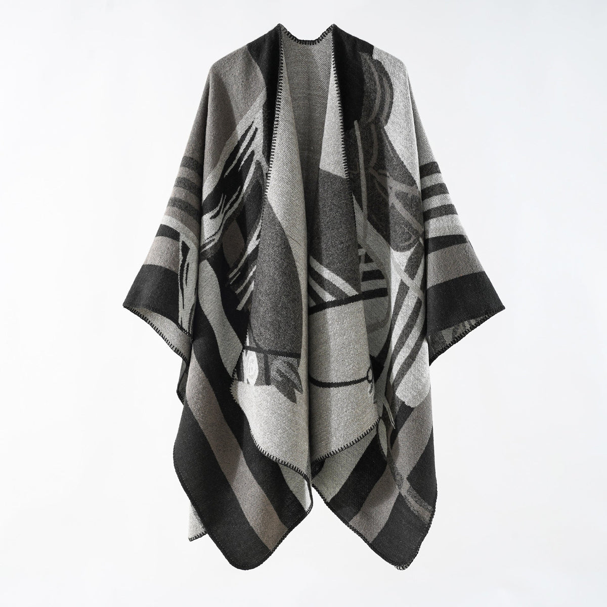 Elarova | Damen eleganter Strickponcho mit kunstvollem Muster und feinen Fransen