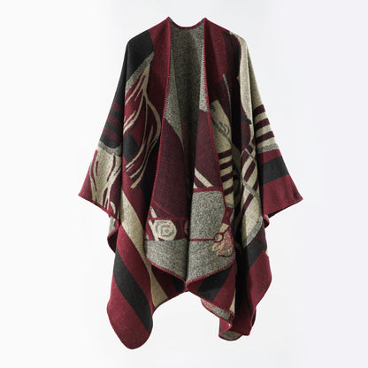 Elarova | Damen eleganter Strickponcho mit kunstvollem Muster und feinen Fransen
