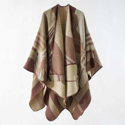 Elarova | Damen eleganter Strickponcho mit kunstvollem Muster und feinen Fransen