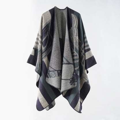 Elarova | Damen eleganter Strickponcho mit kunstvollem Muster und feinen Fransen