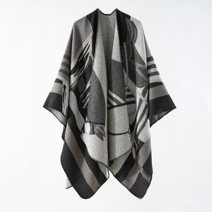 Elarova | Damen eleganter Strickponcho mit kunstvollem Muster und feinen Fransen