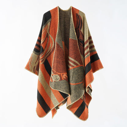 Elarova | Damen eleganter Strickponcho mit kunstvollem Muster und feinen Fransen