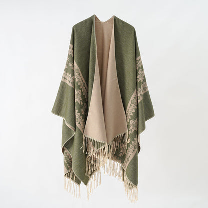 Elarova | Damen eleganter Strickponcho mit kunstvollen Fransen und floralen Akzenten