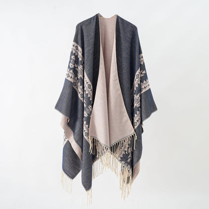 Elarova | Damen eleganter Strickponcho mit kunstvollen Fransen und floralen Akzenten