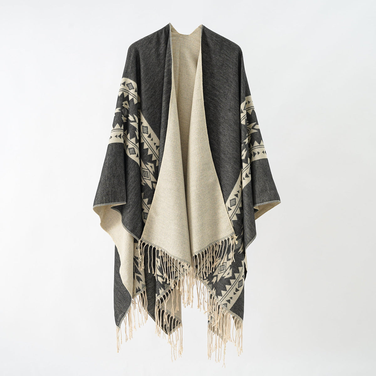 Elarova | Damen eleganter Strickponcho mit kunstvollen Fransen und floralen Akzenten