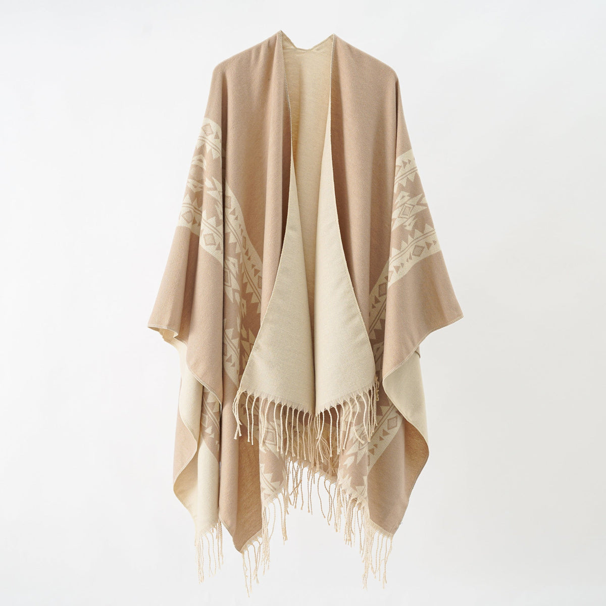 Elarova | Damen eleganter Strickponcho mit kunstvollen Fransen und floralen Akzenten