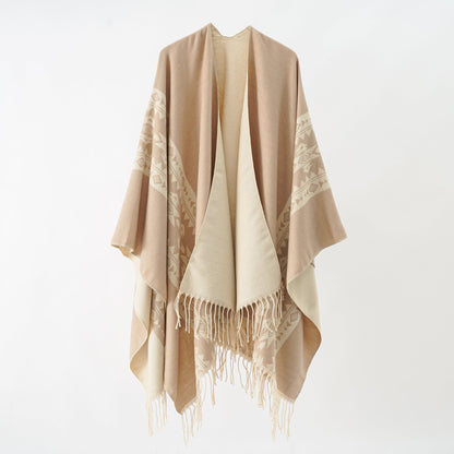 Elarova | Damen eleganter Strickponcho mit kunstvollen Fransen und floralen Akzenten