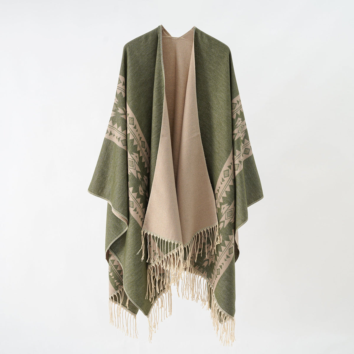 Elarova | Damen eleganter Strickponcho mit kunstvollen Fransen und floralen Akzenten