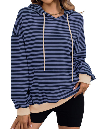 Elarova | Damen gestreifter Kapuzenpullover mit stylischer Kängurutasche